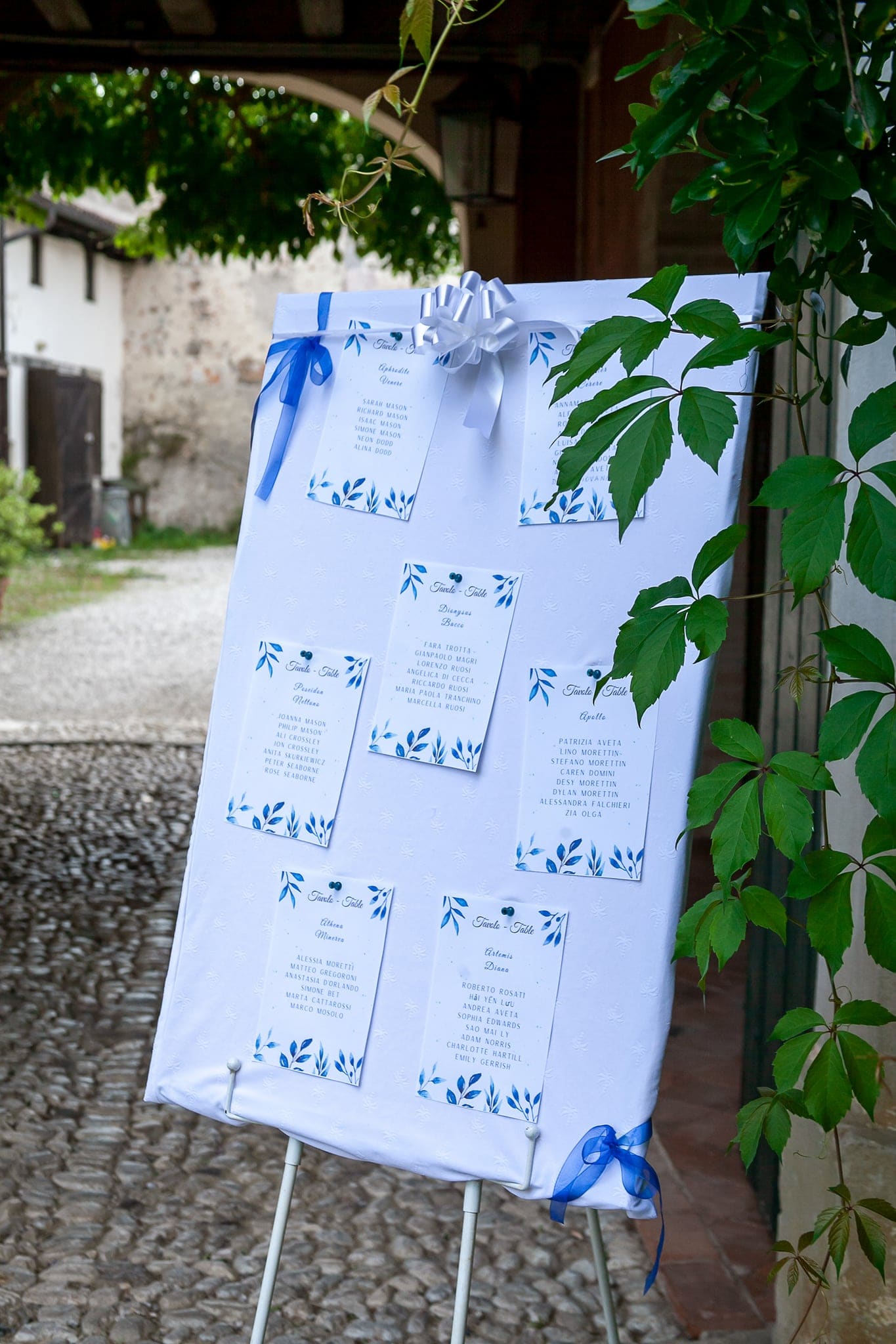 Tableau de mariage su un cavalletto con nastri blu e foglie, sotto il portico di Villa Liruti