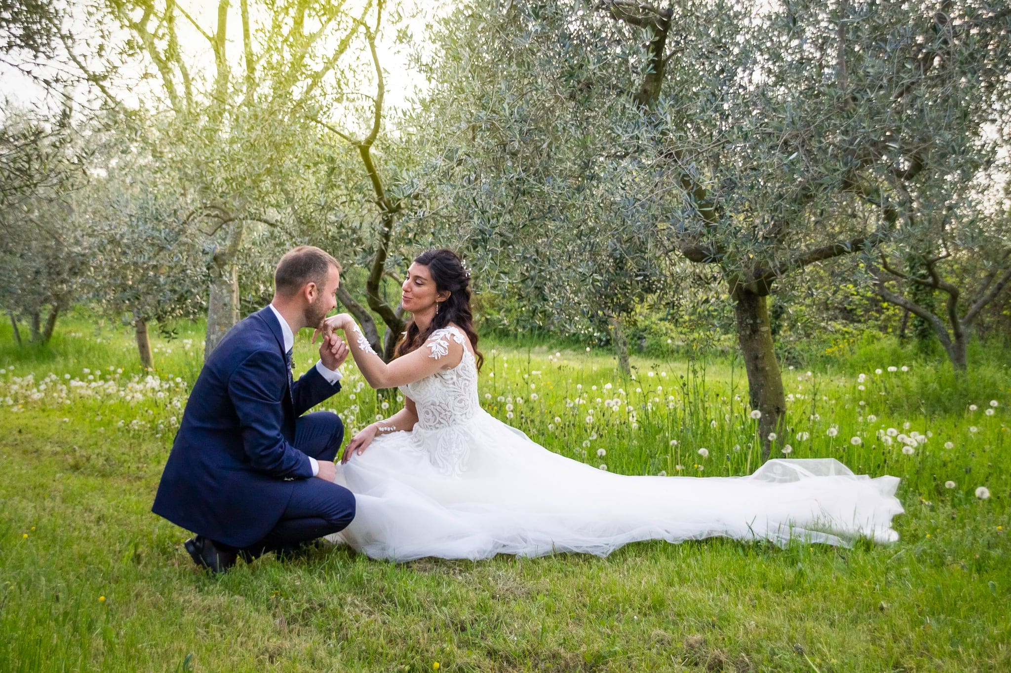 Sposo inginocchiato bacia la mano alla sposa seduta sull'erba tra gli ulivi, con lo strascico steso, matrimonio romantico a Trieste