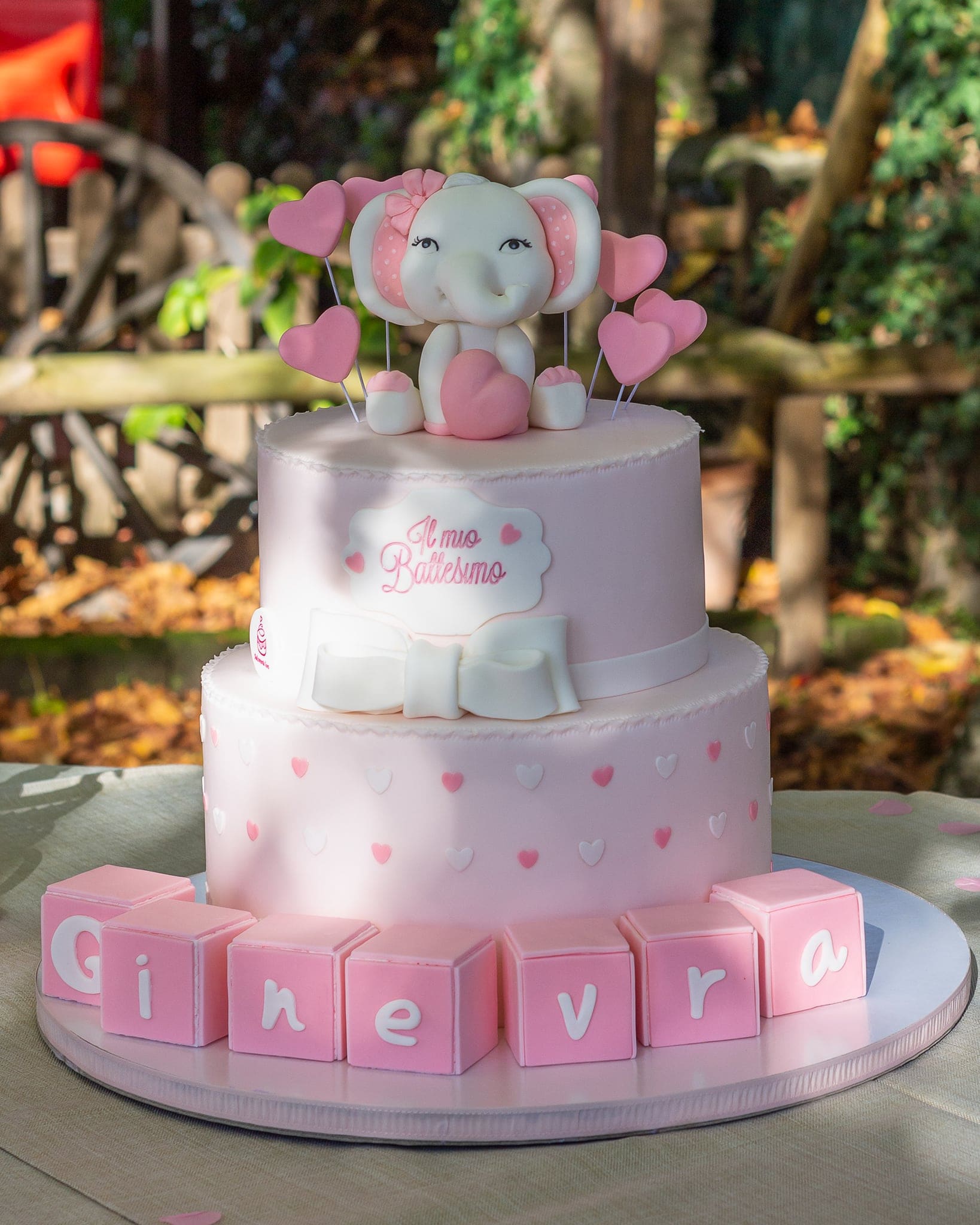 Torta rosa a due piani con elefantino di zucchero, cuoricini e cubetti con il nome, sul tavolo in giardino