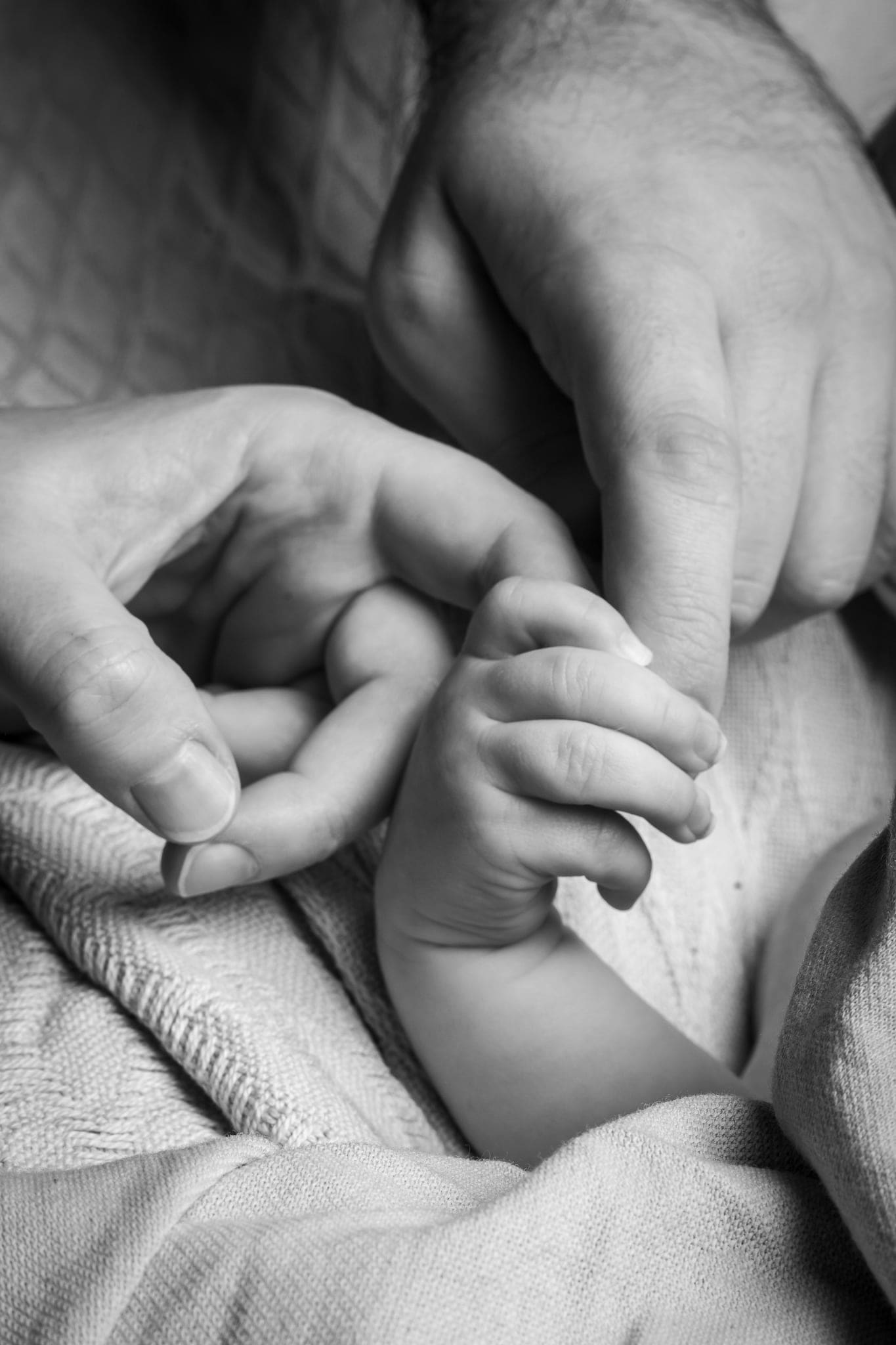 Una manina di neonato stretta tra le mani dei genitori, in bianco e nero, su una coperta a trama morbida.